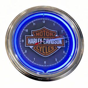 Harley-Davidson Motor Cycles Bar & Shield Blue Neon Wall Clock | Chrome
